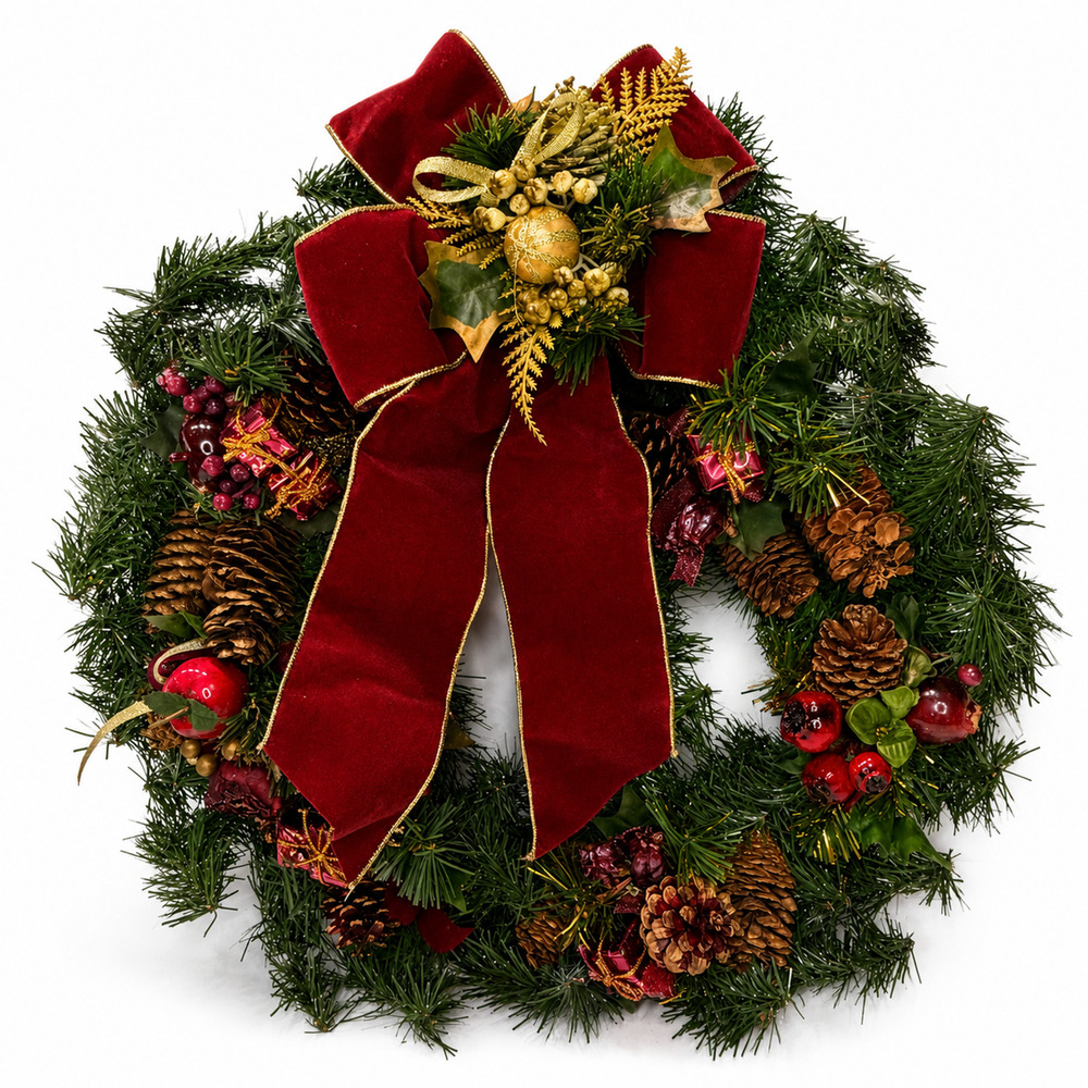 Christmas Wreath Burgundy Velvet Bow Pinecones Apples Berries Holiday Decor